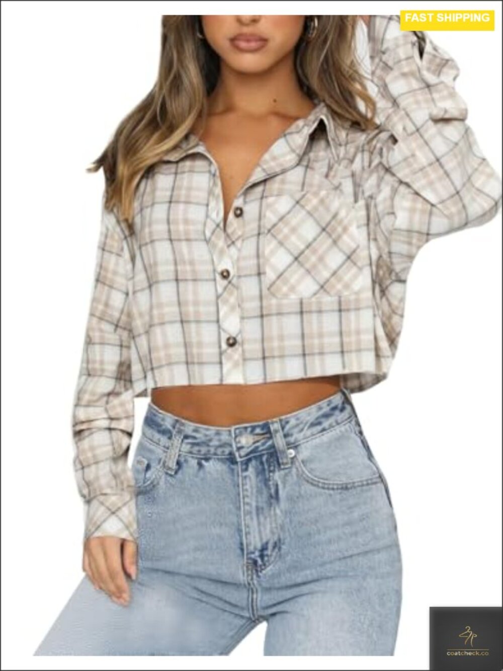 Cropped Flannel Plaid Button Down Shacket Long Sleeve with Pockets